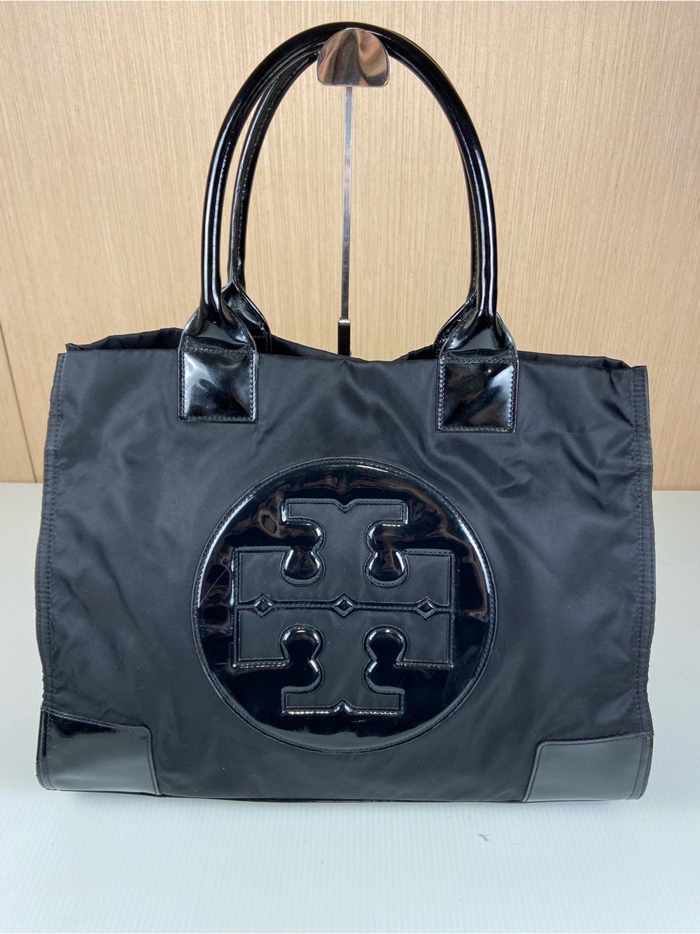 Tory Burch Ella Large Black Nylon Patent Logo Tote Bag